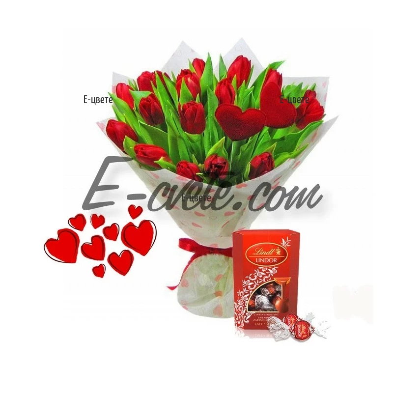 Романтичен букет от червени лалета и шоколадови бонбони