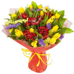 Send spring mixed bouquet with yellow tulips.
