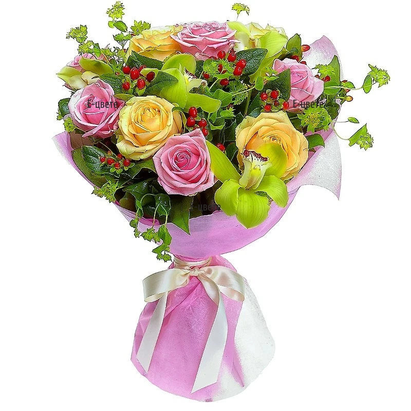Send a bouquet of roses, orchids and greenery.