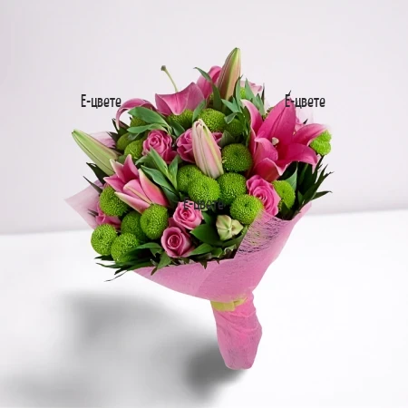 Доставка на букет от хризантеми, рози и лилиуми