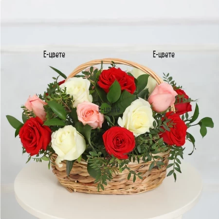 Send beautiful basket with red roses, gypsophila and greenery