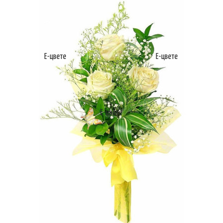 Send a bouquet of white roses and greenery