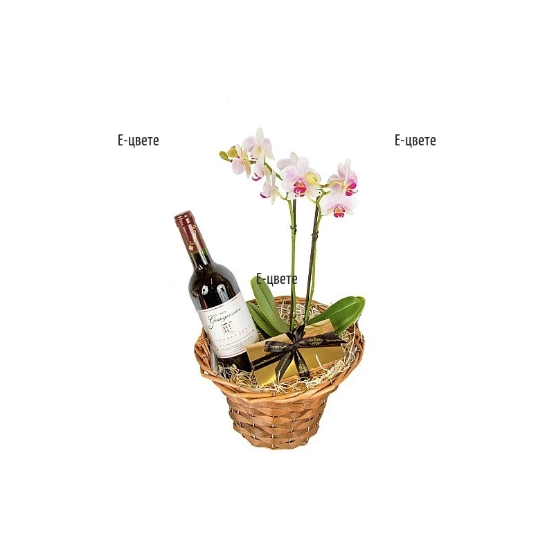 Доставка на кошница с орхидея и вино в Пловдив