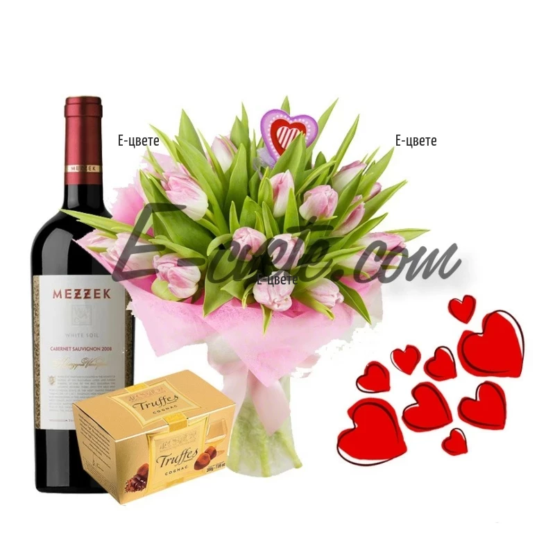 Bouquet of tulips, wine and Truffles