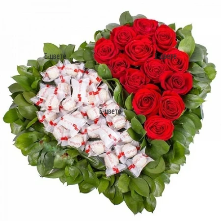 Сърце от рози и бонбони Рафаело - онлайн поръчка