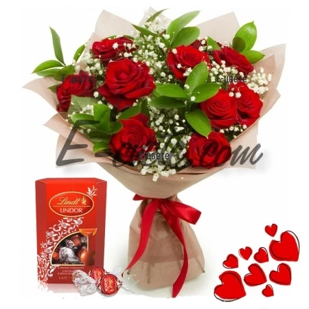 Романтичен букет от рози и гипсофила с бонбони Линдор