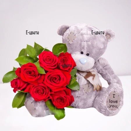 Send romantic bouquet of red roses and a Teddy Bear.