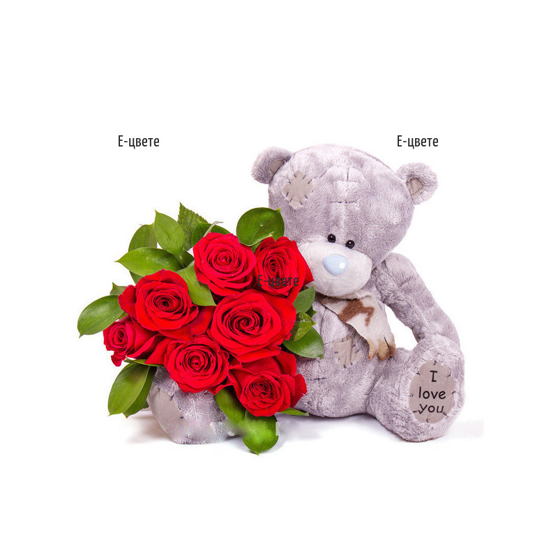 Send romantic bouquet of red roses and a Teddy Bear.