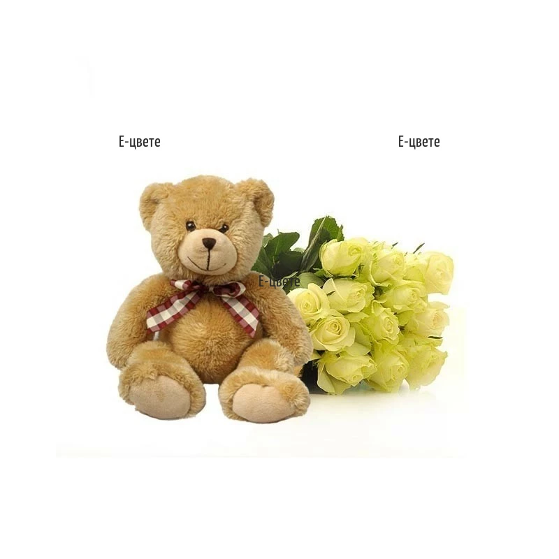 Send a bouquet of white roses and Teddy Bear
