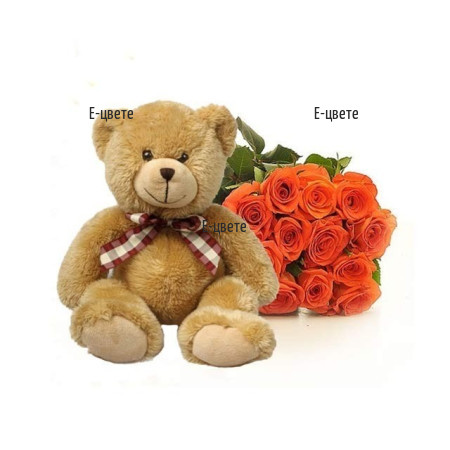 Sena a bouquet of orange roses and Teddy Bear