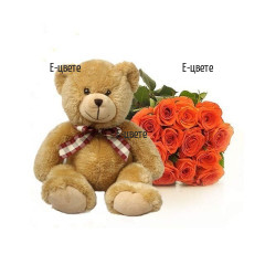 Sena a bouquet of orange roses and Teddy Bear