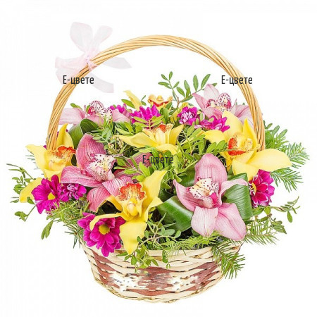 Send a basket with orchids and chrysanthemums