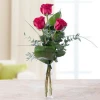 Send a bouquet of 3 red roses and greenery