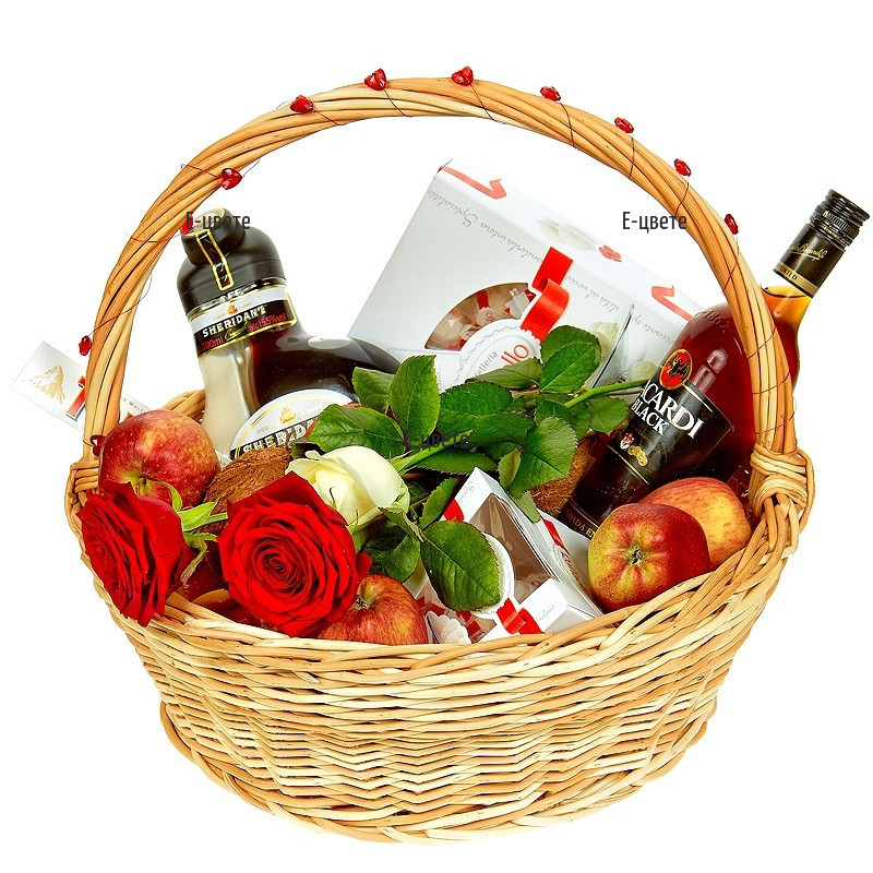 Delivery of Basket with Gifts and Roses