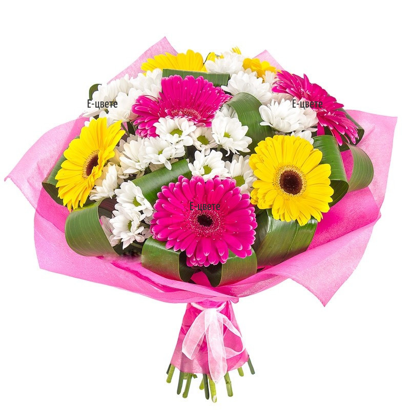 An online order for a bouquet of gerberas and chrysanthemums to Sofia