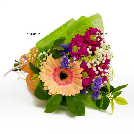 Send a bouquet of chrysanthemums, gerbera and greenery.