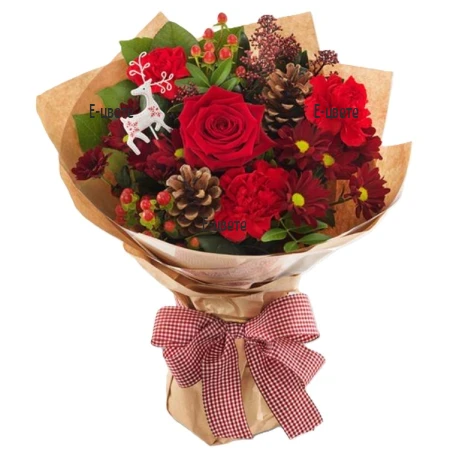 Delivery of a bouquet of roses and Christmas decorations