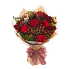 Delivery of a bouquet of roses and Christmas decorations