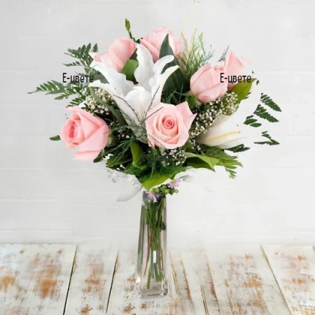Send a bouquet of white lilies and pink roses