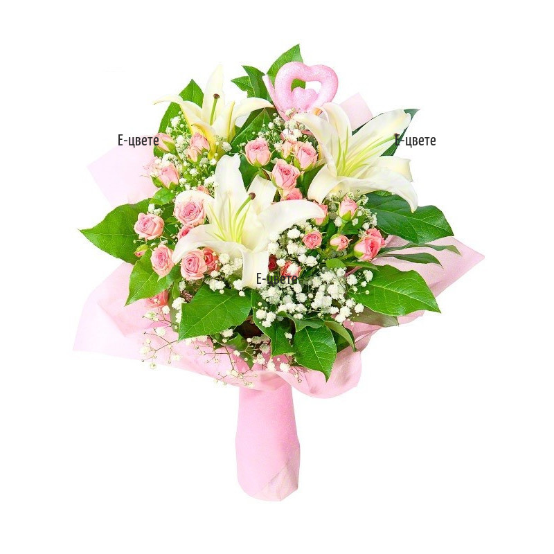 Send a bouquet of white lilies and pink roses