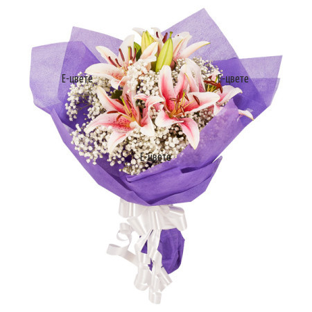 Send a bouquet of lilies in white and pink hues.
