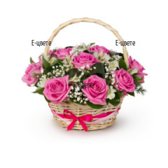 Send a basket with pink roses and white alstroemerias