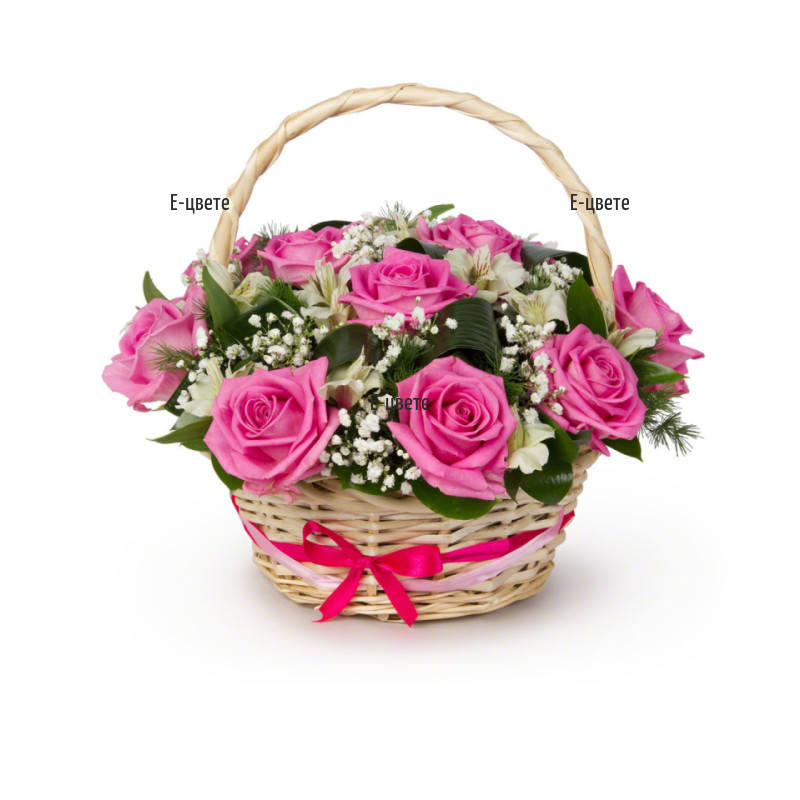 Send a basket with pink roses and white alstroemerias