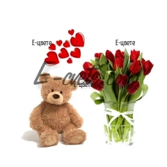 Send a Teddy Bear and  a bouquet of tulips.