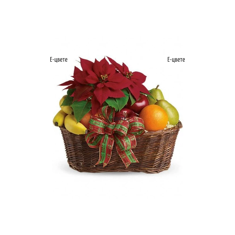 Send gift basket, arranged with fruits and Poinsettia﻿.