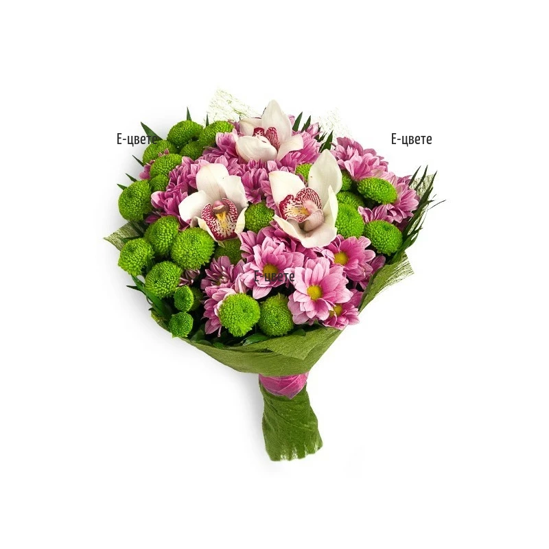 Send by courier a bouquet of chrysanthemums and orchids.