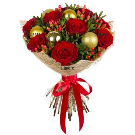 Send a festive bouquet of roses and Christmas decoration.