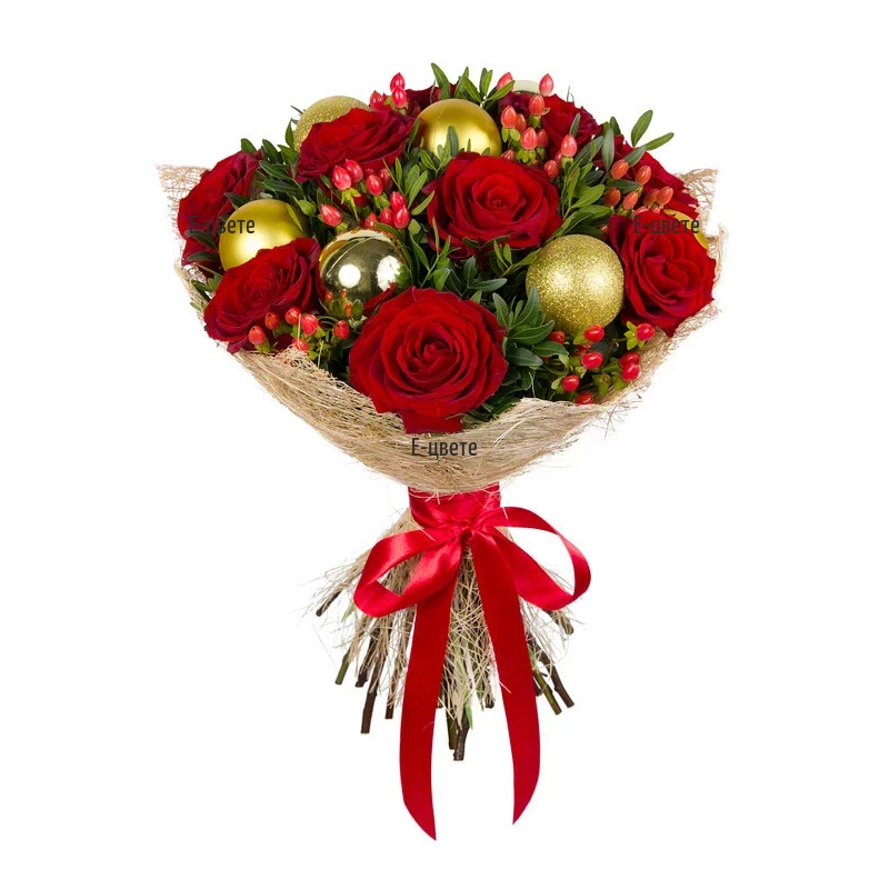 Send a festive bouquet of roses and Christmas decoration.