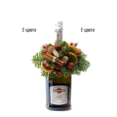 An online order for a bottle of Martini Astini and Christmas decoration