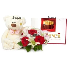 Romantic gift  - a bouquet of roses, a Teddy Bear and chocolates.