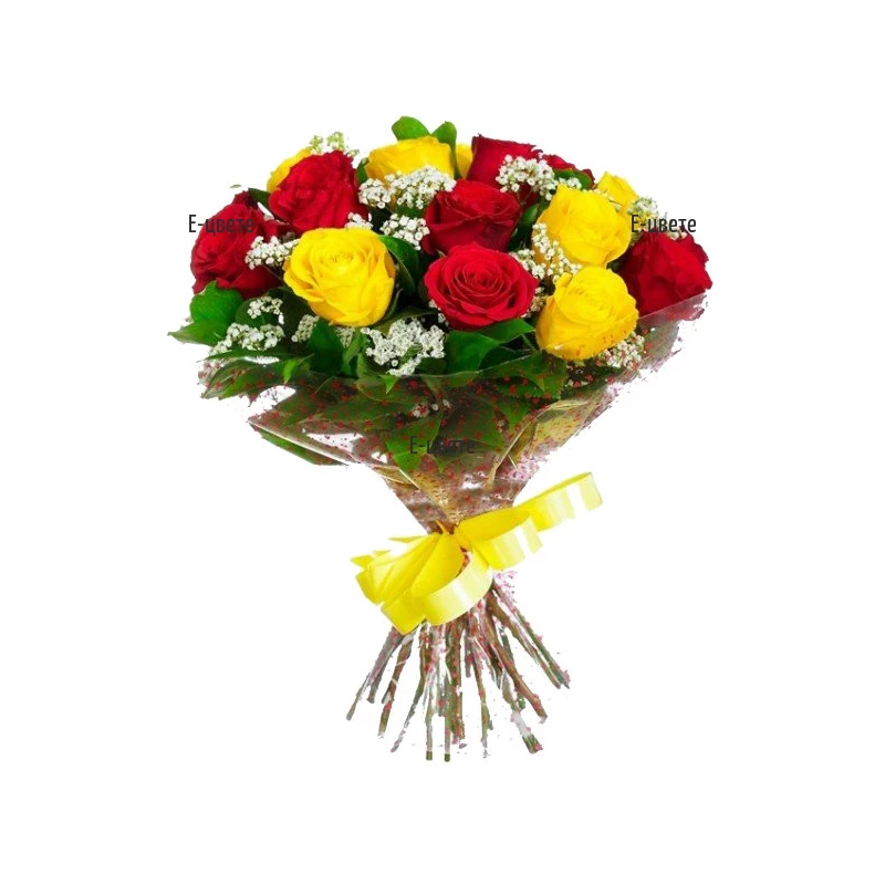 Доставка на букет от жълти и червени рози с куриер