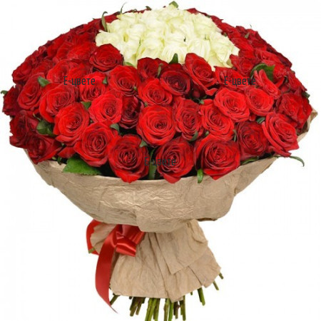 Send flowers with a courier - a bouquet of 101 white and red roses