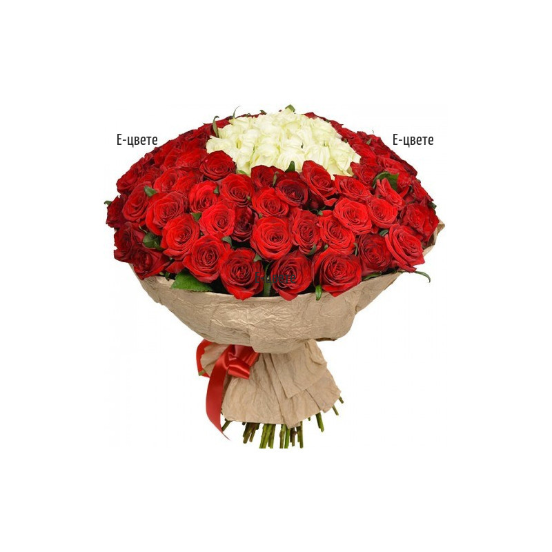 Send flowers with a courier - a bouquet of 101 white and red roses