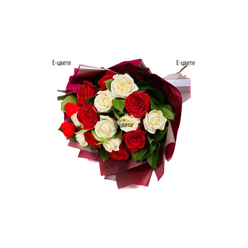 Доставка на романтичен букет от бели и червени рози