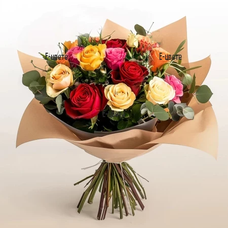A beautiful colourful bouquet of various roses