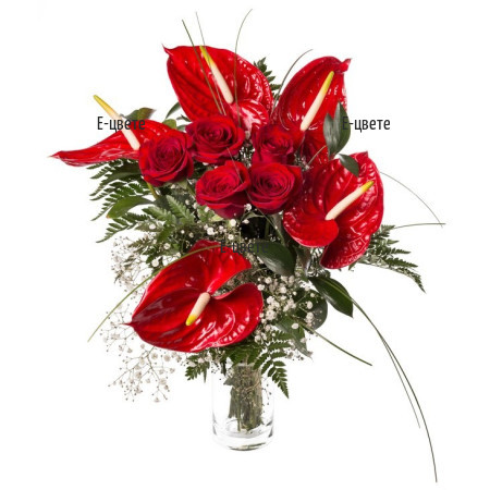 Order online a bouquet of anthuriums and roses