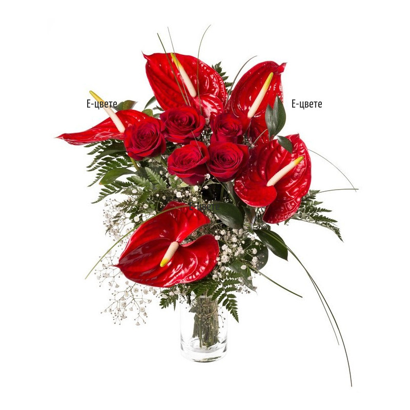 Order online a bouquet of anthuriums and roses
