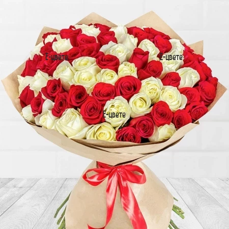 Send a bouquet of 101 red and white roses