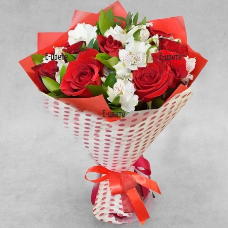 Романтичен букет от червени рози и алстромерии