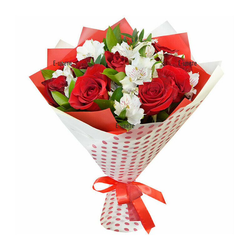 Order romantic bouquet of roses and alstroemerias
