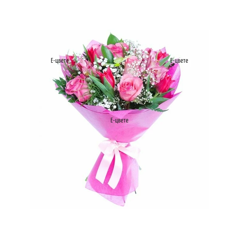 Order and delivery of a bouquet of pink roses and tulips