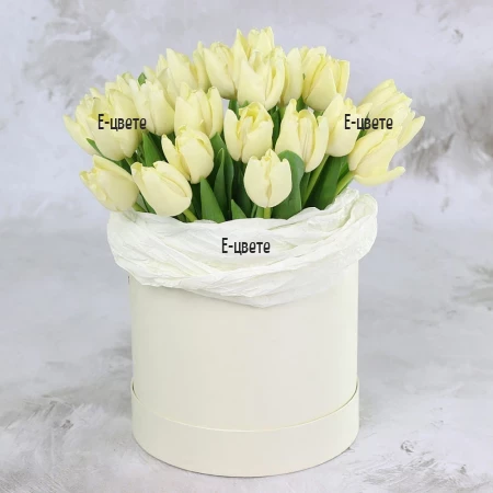 Доставка на кутия за цветя с 25 бели лалета