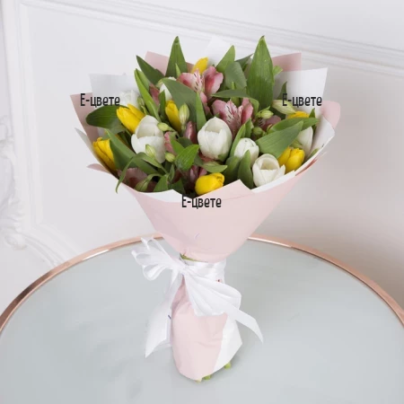 Delivery of a bouquet of tulips and alstroemeria