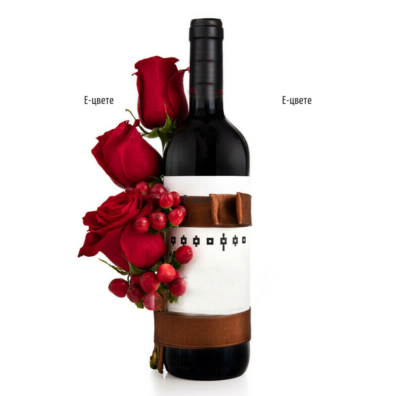 Доставка на бутилка червено вино и цветя