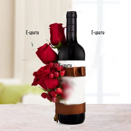 Delivery of a bottle of red wine and roses to Bulgaria