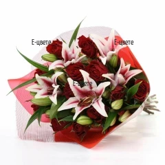Romantic bouquet of roses and lilies Amore